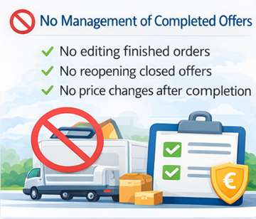 Illusztráció, amely jelzi, hogy a sofőrök nem szerkeszthetik és nem nyithatják meg újra a lezárt fuvarajánlatokat az ExusTrans platformon